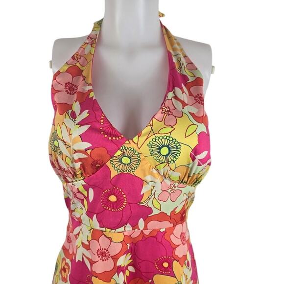 Madison Leigh NeckTye V-Neck Orange Pink Yellow Floral Summer Women's Dress 6 - Picture 2 of 4